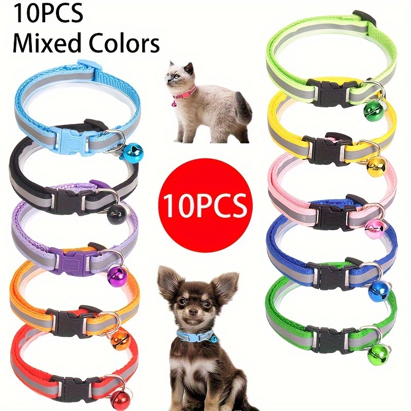 

10pcs Reflective Breakaway Cat Collar With Bell, Puppy Collars For Litter Cat, Collar With Bells, Adjustable Reflective Cat Collar For Newborn Pets Dogs, Assorted Varieties