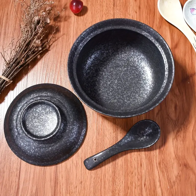 Ceramic Black Soup Bowls With Lid, Ramen Noodle Soup Rice Bowl
