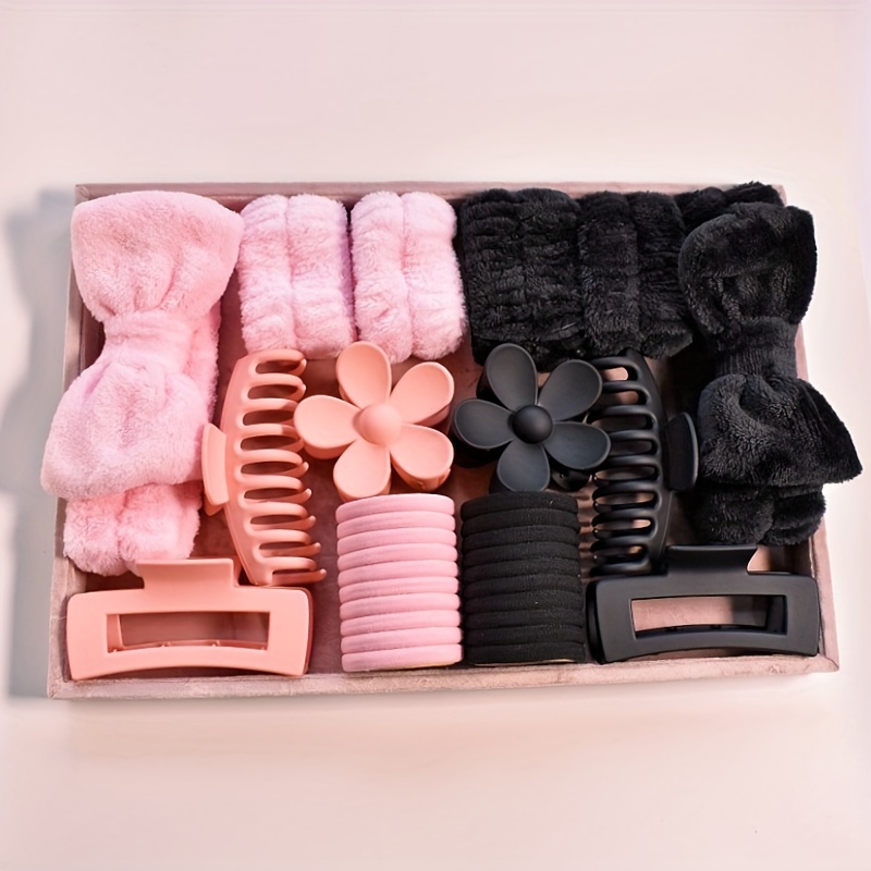 

16pcs/set Hair Styling Tools Set, Soft Wristbands, Cute Sweet Bowknot Decor Headband, Plastic Hair Claw Clips, Ponytail Holders, Travel Essentials