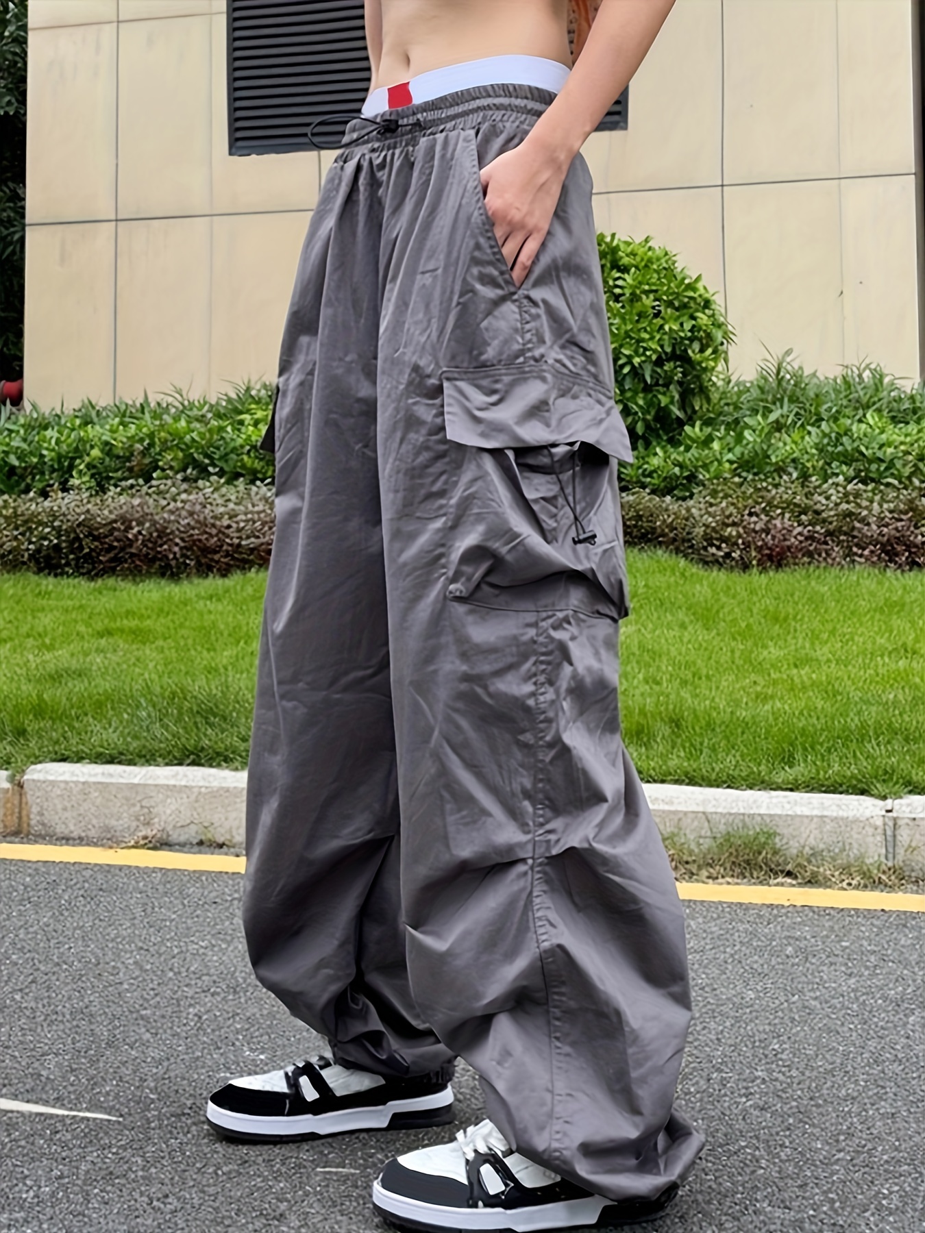 Y2k Low Waist Parachute Cargo Pants Solid Drawstring Baggy - Temu