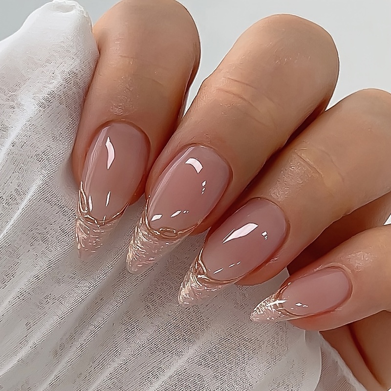 

24pcs Glossy Medium Almond Fake Nails, Nude Color Press On Nails With French Tip, Holographic Laser Golden Powder Stick On Nails, Sweet Cool Full Cover False Nails For Women Girls