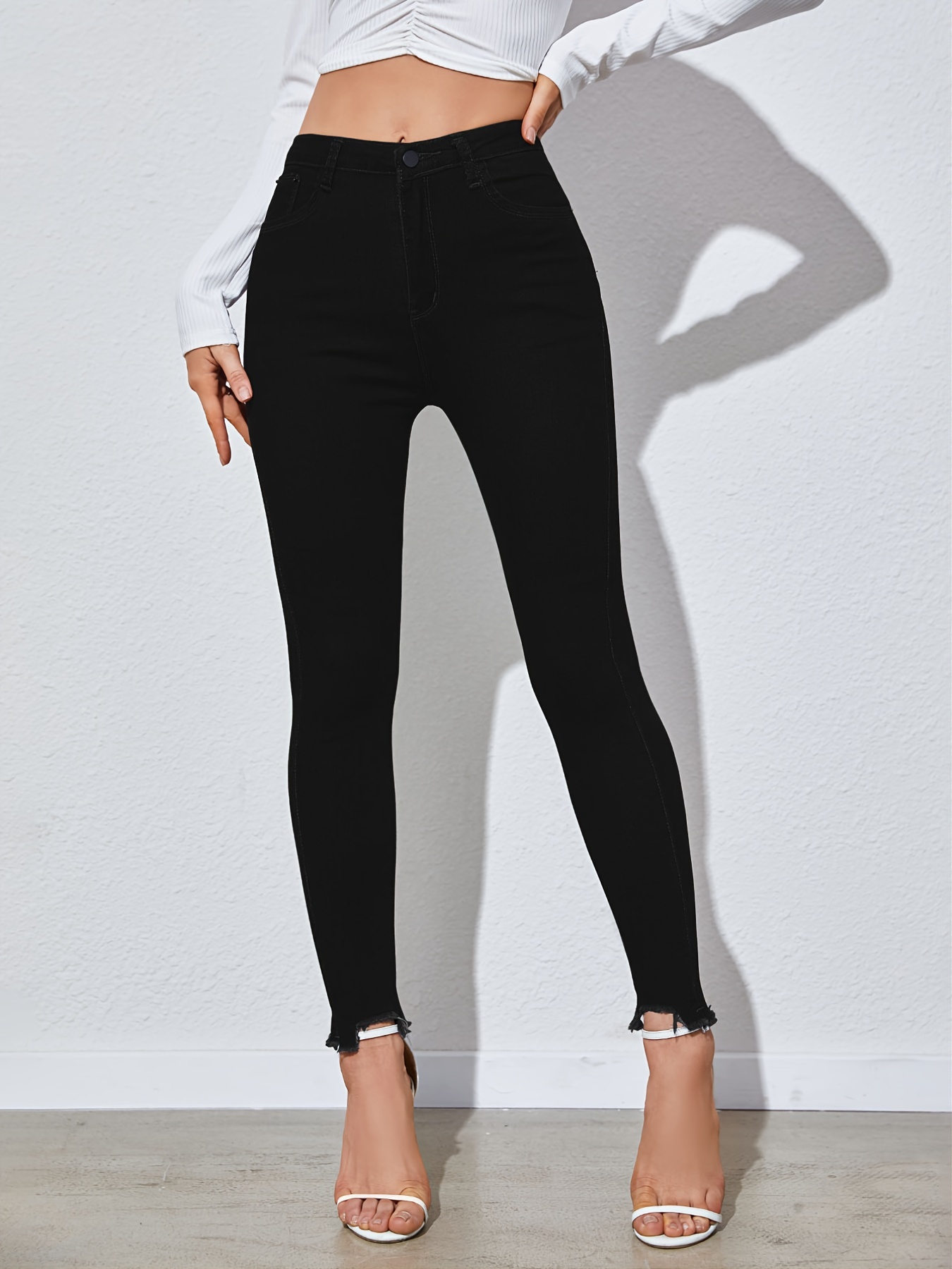 High Curvy Stretchy Skinny Jeans Rolled Hem Legs Solid - Temu