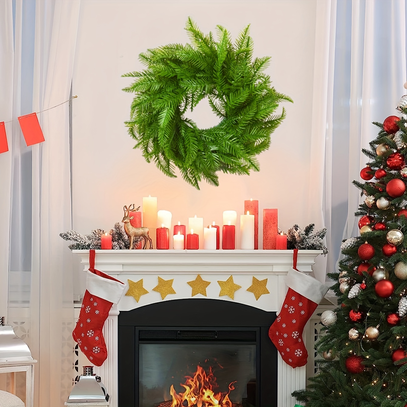 1pc artificial green pine needle wreath suitable for christmas decor plastic simulation green plant for family door front fireplace hanging indoor and outdoor christmas decorations