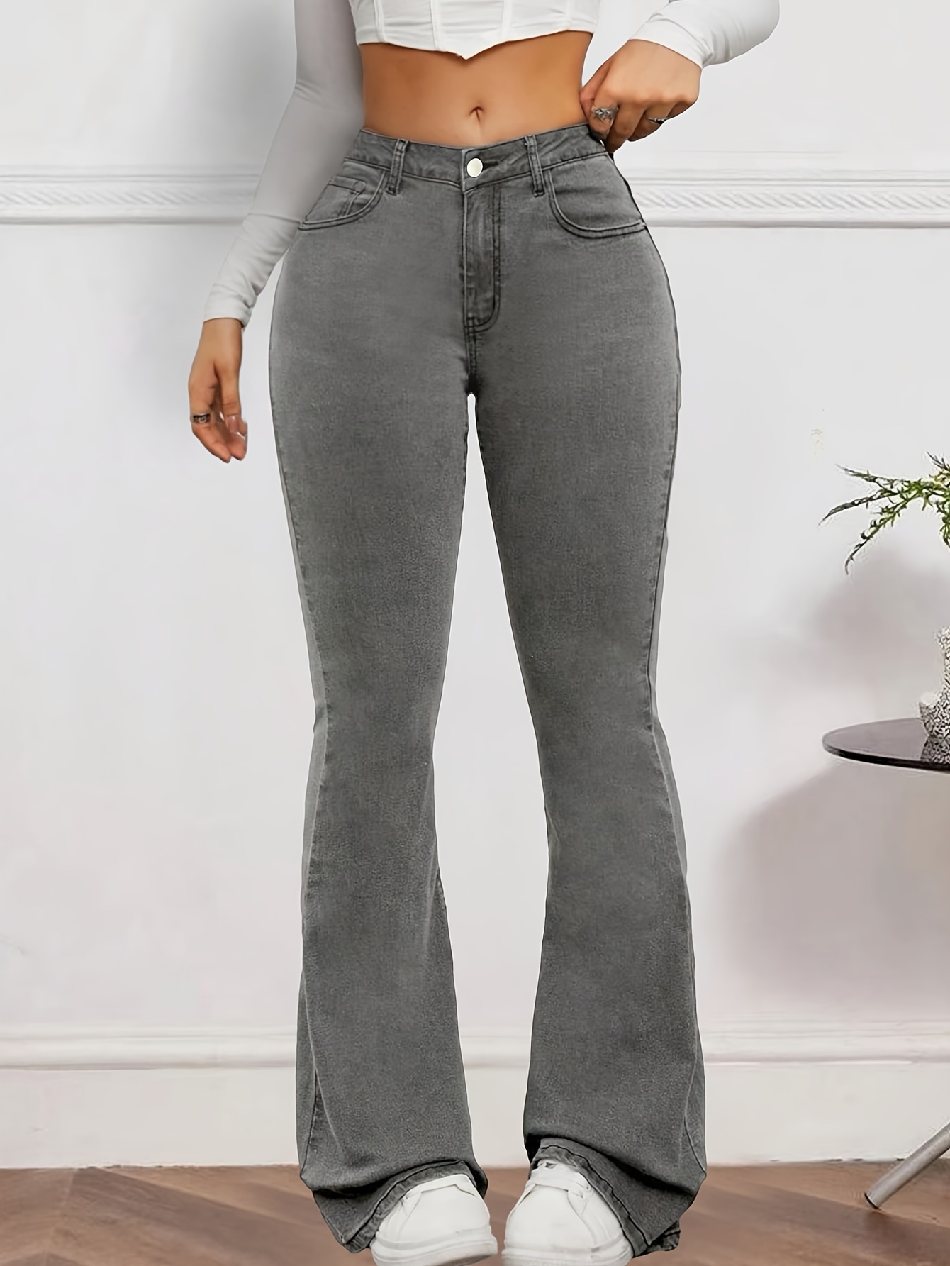 Dark Grey Casual Flare Jeans, Bell Bottom Slash Pockets Wide Leg Ripped  Denim Pants, Women's Denim Jeans & Clothing