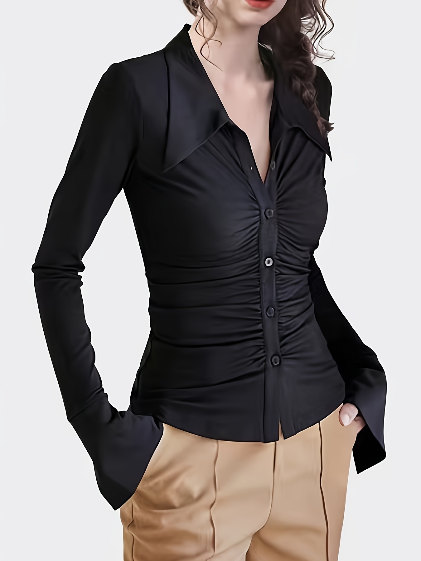 Women's Ruched Outfits Casual Long Sleeve Button Tops Solid - Temu