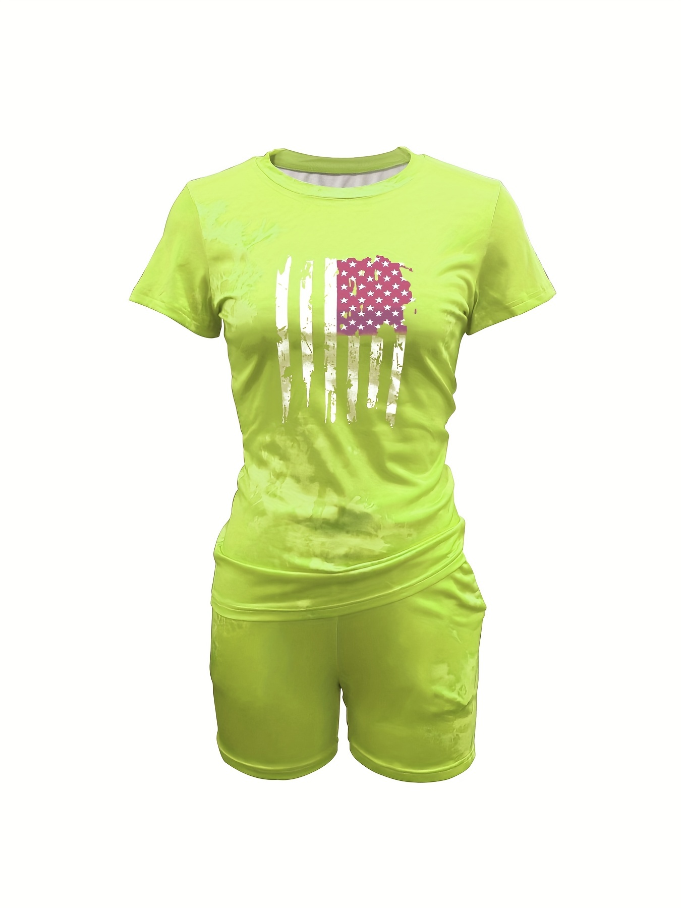 Flag Print Short Sleeve T shirt & Biker Shorts Set