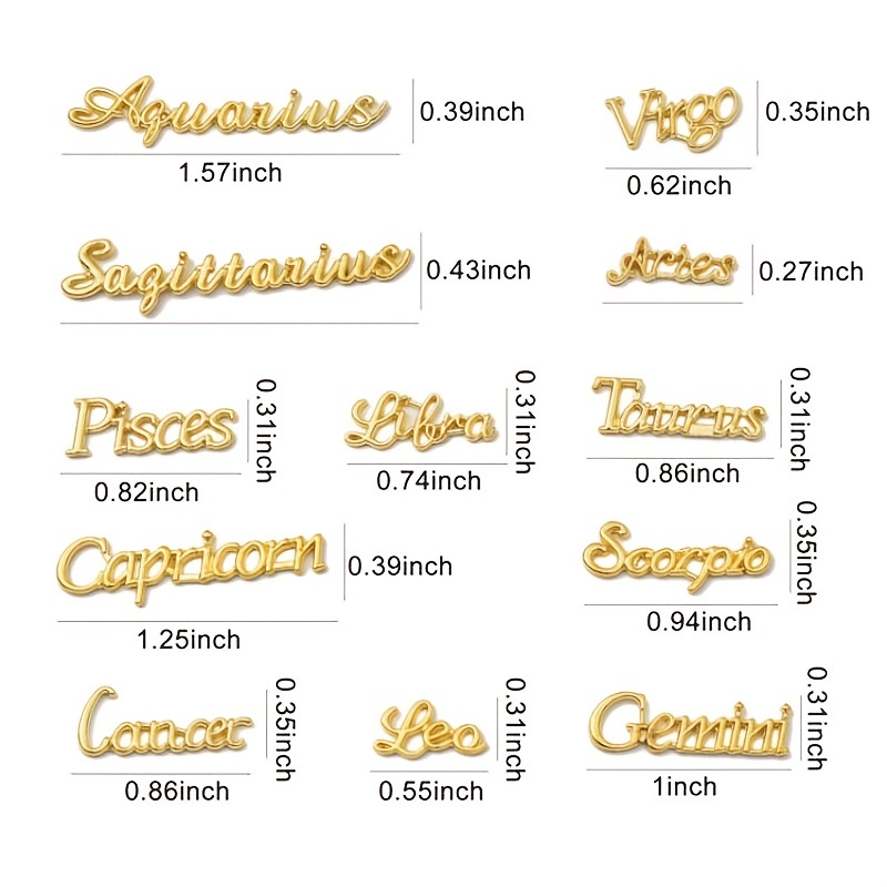 Palksky Nail Charms, Alloy Zodiac Word Message Nail Charms in 12 Styles, 12  Constellations Designer Charms for Jewelry Making Epoxy Resin Filling