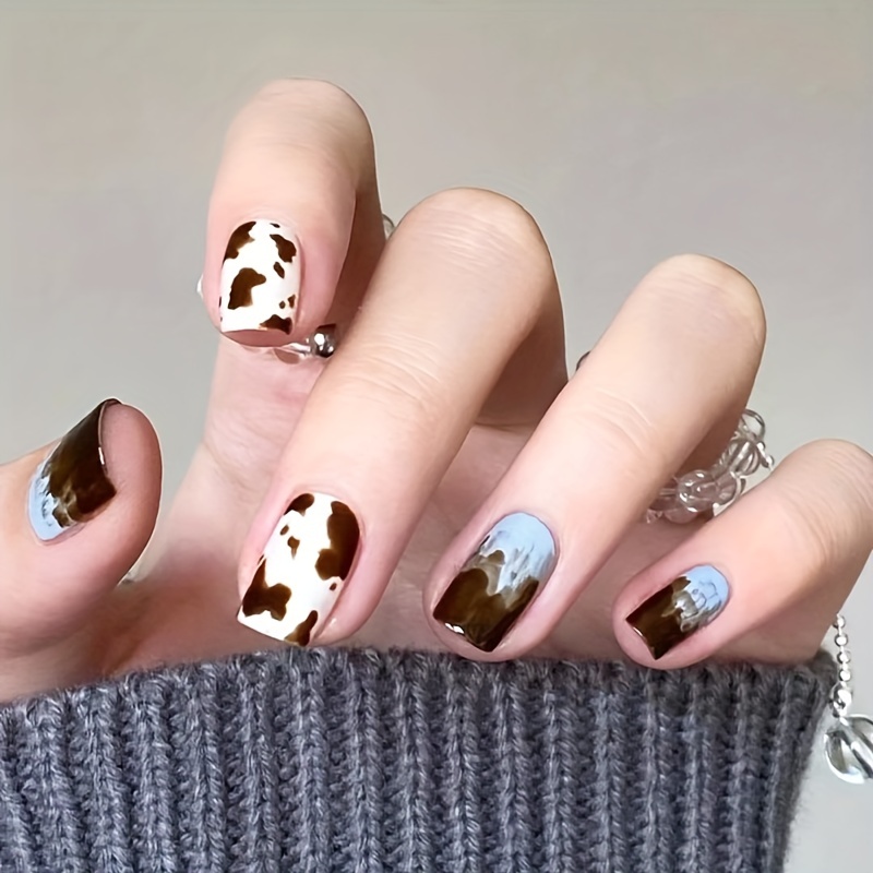 Golden Leopard Cow Nails - Long-lasting Gel Nail Kit With Decals - Temu