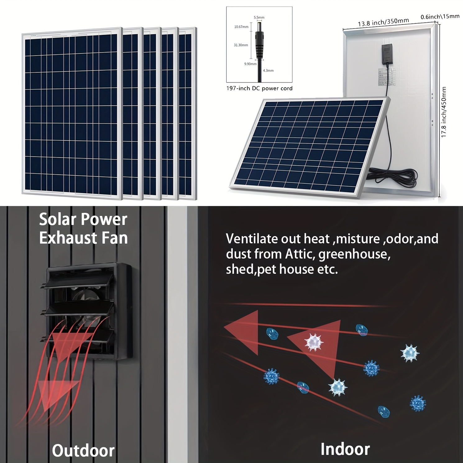 Ventilateurs d'extraction solaires, panneau solaire 17W avec ventilateur  solaire brushless de 8 pouces compatible avec la ventilation du hangar,  chic
