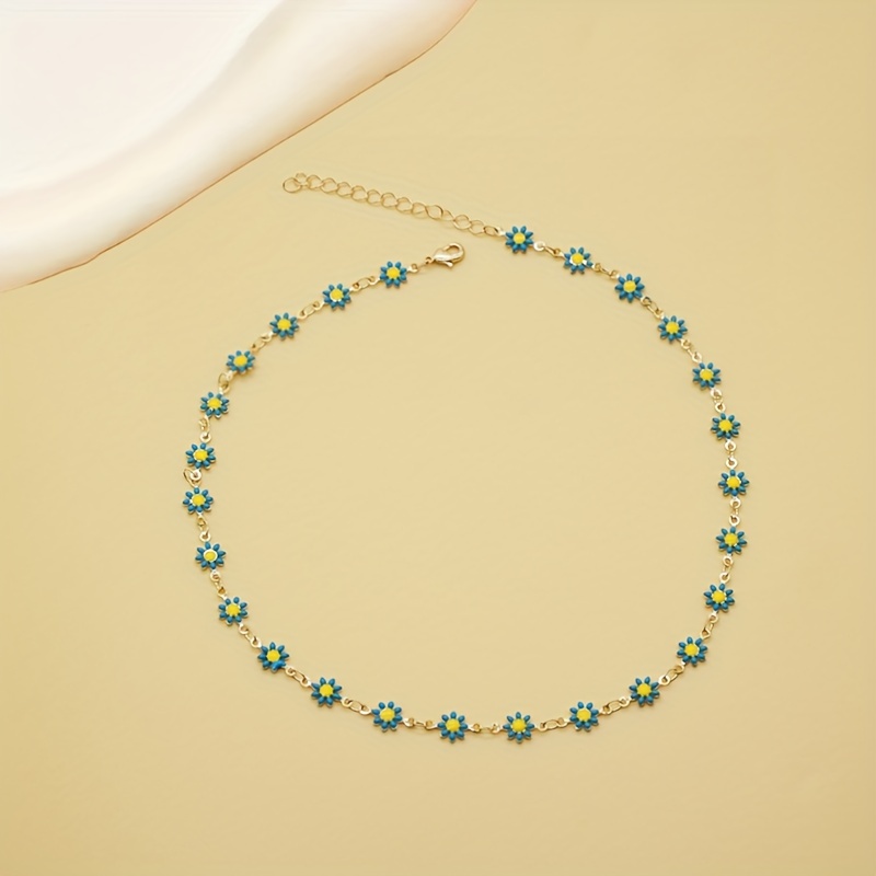 chic adjustable vintage daisy necklace handcrafted colorful enamel copper chain 14k golden plated details 5