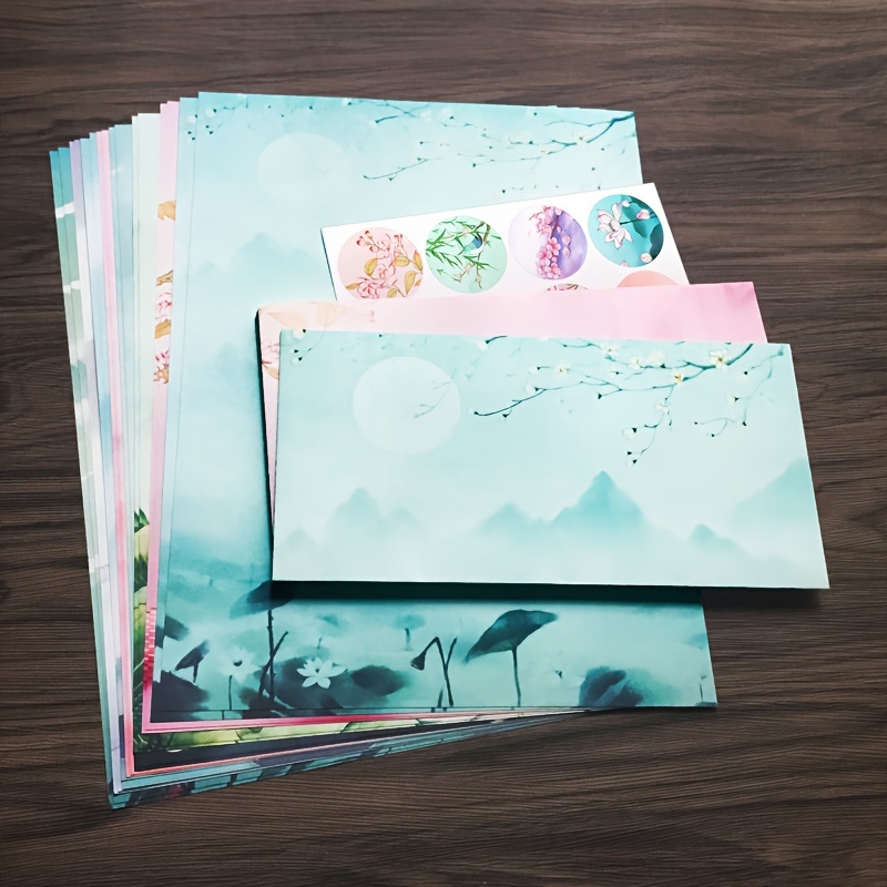 

12pcs/set, Chinese Style Retro Letter Paper Envelopes Set, A4 Double-sided Colorful Letter Paper Envelopes, Contains 4 Envelopes & 8 Sheets Of Letter Paper