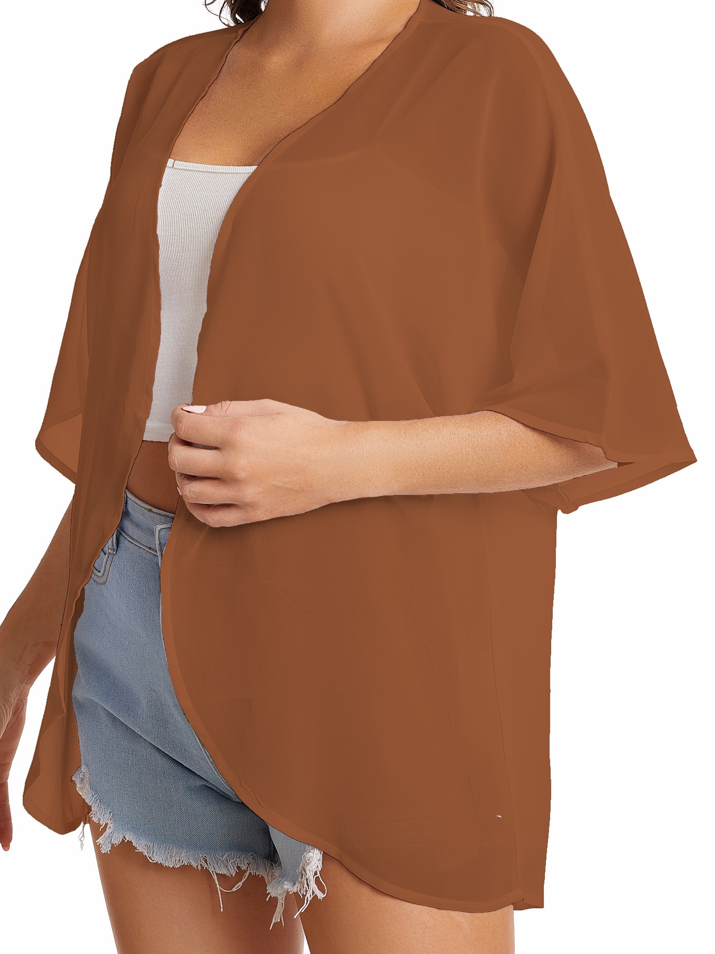 Solid Color Half Sleeve Sheer Kimono Beach Chiffon Loose - Temu