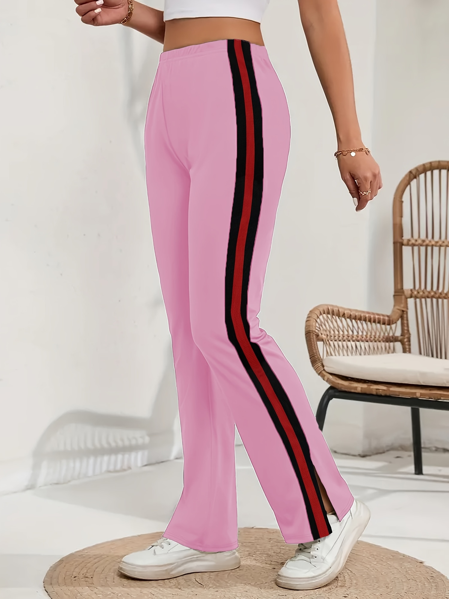 Striped Elastic Waist Slim Pants Casual Split Side Stretchy - Temu