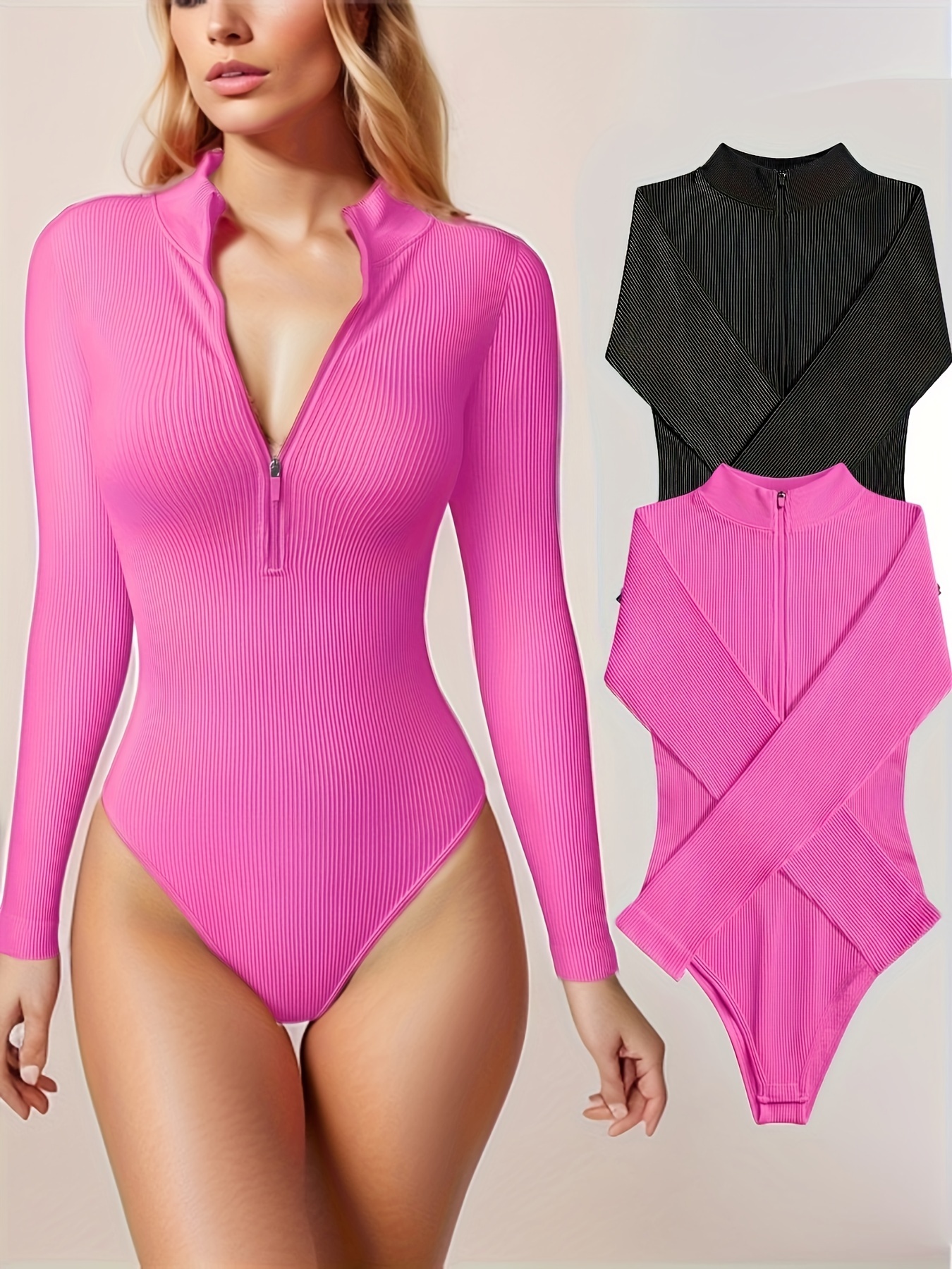 Ribbed Solid Color Yoga Long Sleeve Zipper Jumpsuit Sexy - Temu