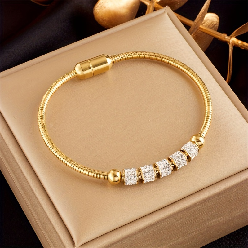 

1pc Fashion Stainless Steel Cylindrical Faux Diamond Bracelet, Golden Plated Circular Chain Men Women Simple Creative Jewelry Gifts
