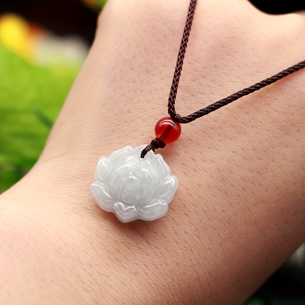 Image of Lotus Pendant Necklace, Meaning Good Luck Continuous Pendant, Unisex Natural Stone Pendant With Random Rope Necklace, Natural Stone Pendant Color Size Details May , Random