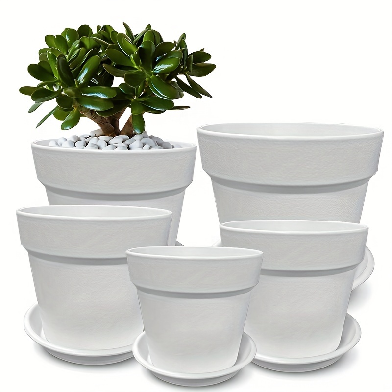 

5 Packs, Sturdy Plastic Flower Pots In 6.69/5.7/4.92/4.33/3.74 Inches, Suitable For Indoor/outdoor Use. Each Pot Comes With Drainage Holes And Saucers In 5 Different Sizes (white)