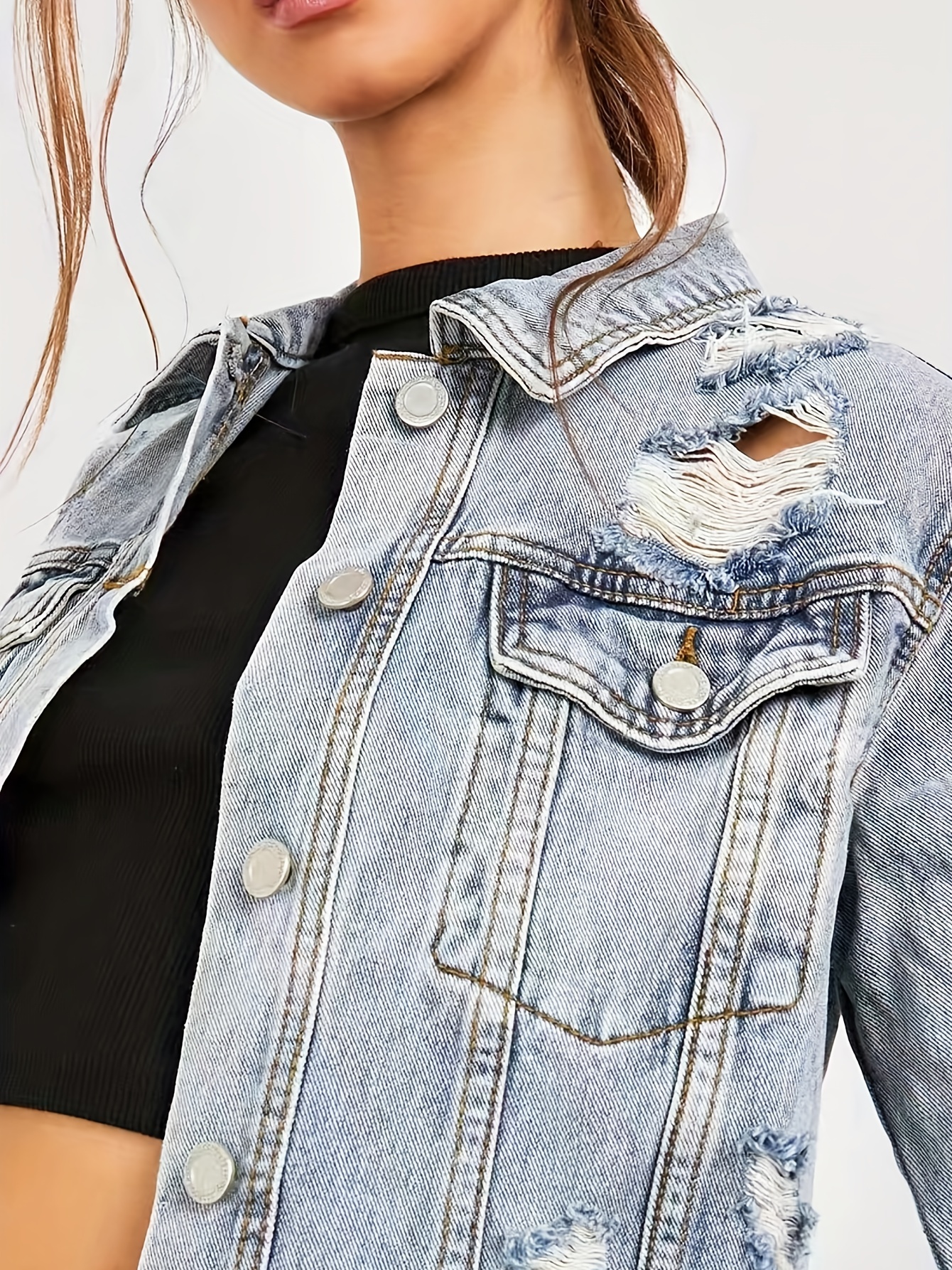 Blue Washed Ripped Holes Denim Jackets, Long Sleeves Hem Lapel Denim Coats,  Women's Denim Jeans & Clothing - Temu