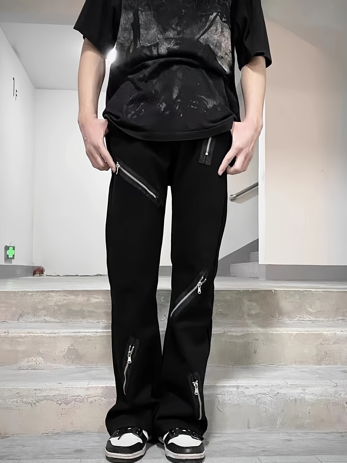 Solid Zipper Design Pants Casual Contrast Faux Leather - Temu
