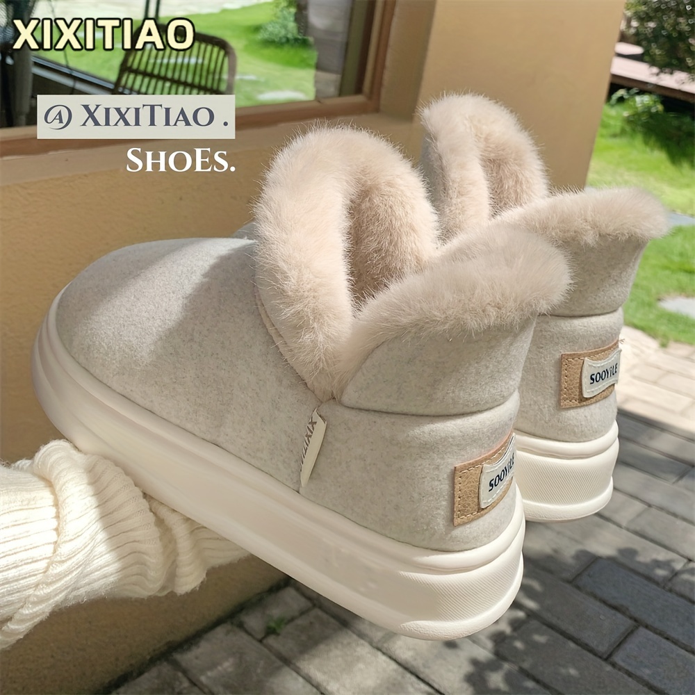 

Xixitiao Trendy Comfortable Solid Color Slip On Furry Snow Girls, Non-slip Fleece Boots For Outdoor, Winter