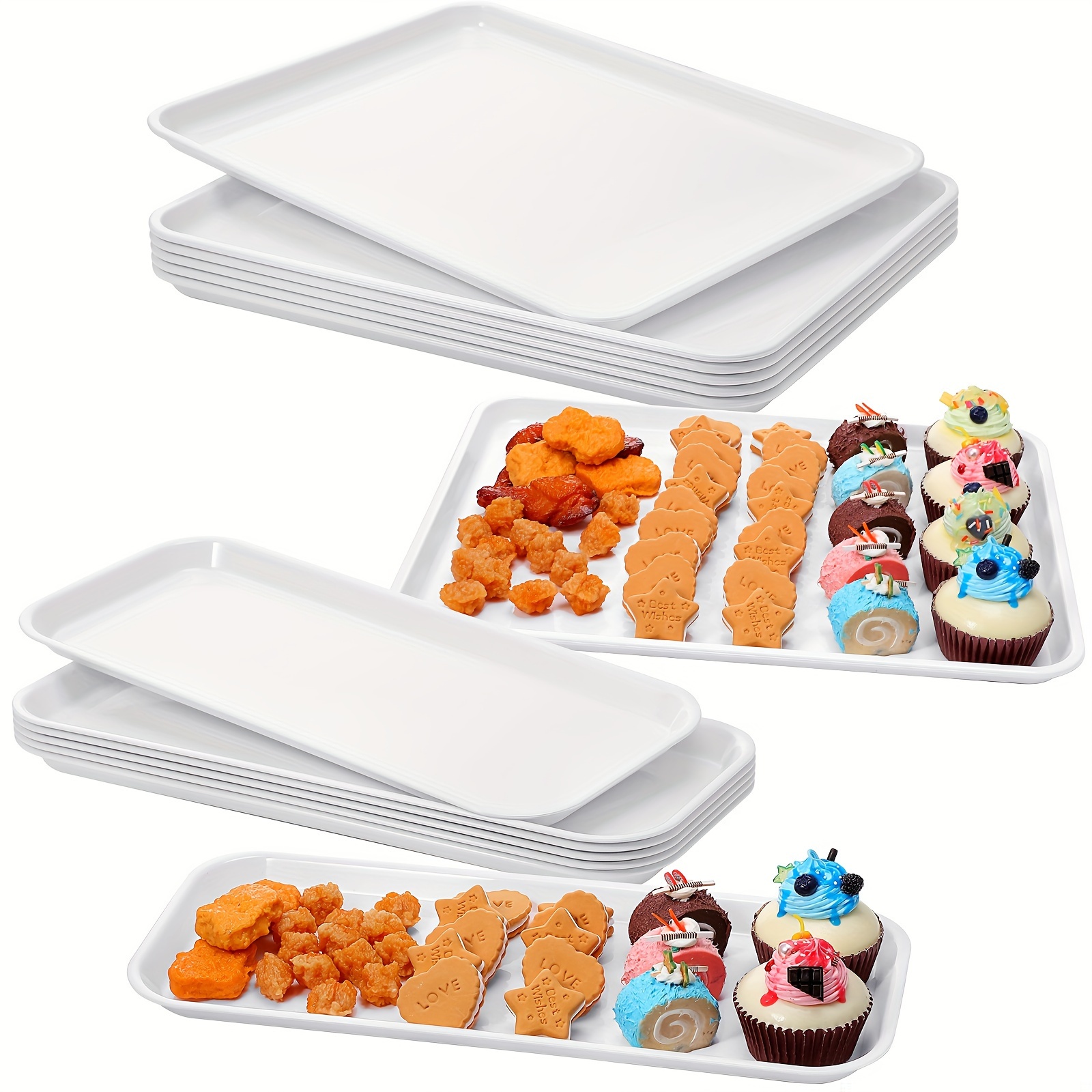 4 bandejas rectangulares de plástico blanco, bandeja de plástico resistente  de 12 x 18 pulgadas, bandeja de alimentos, bandejas decorativas para