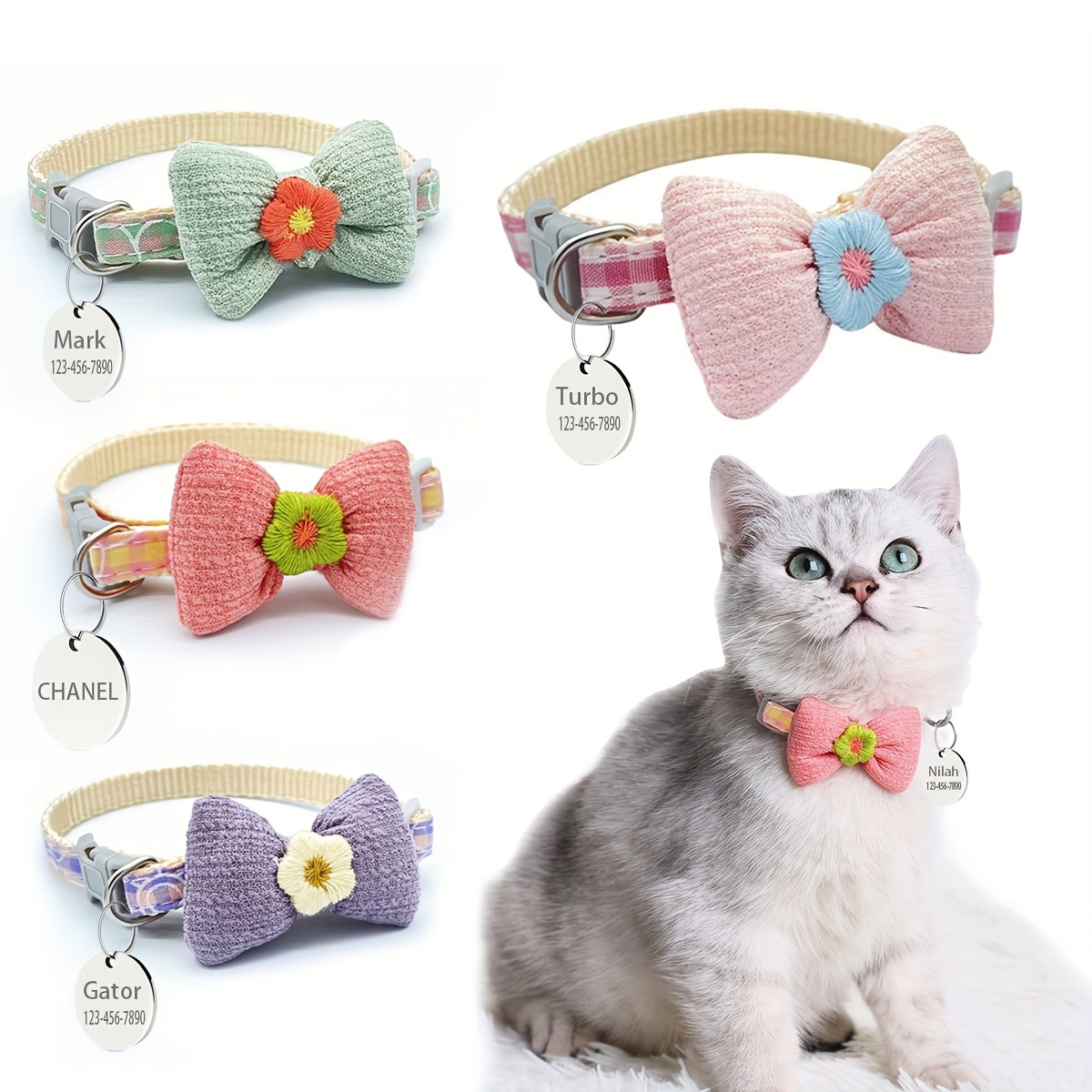 Custom Cat Collar With Small Flower And Bow, Anti-lost Cat Necklace  Adjustable Cat Collar - Temu Israel