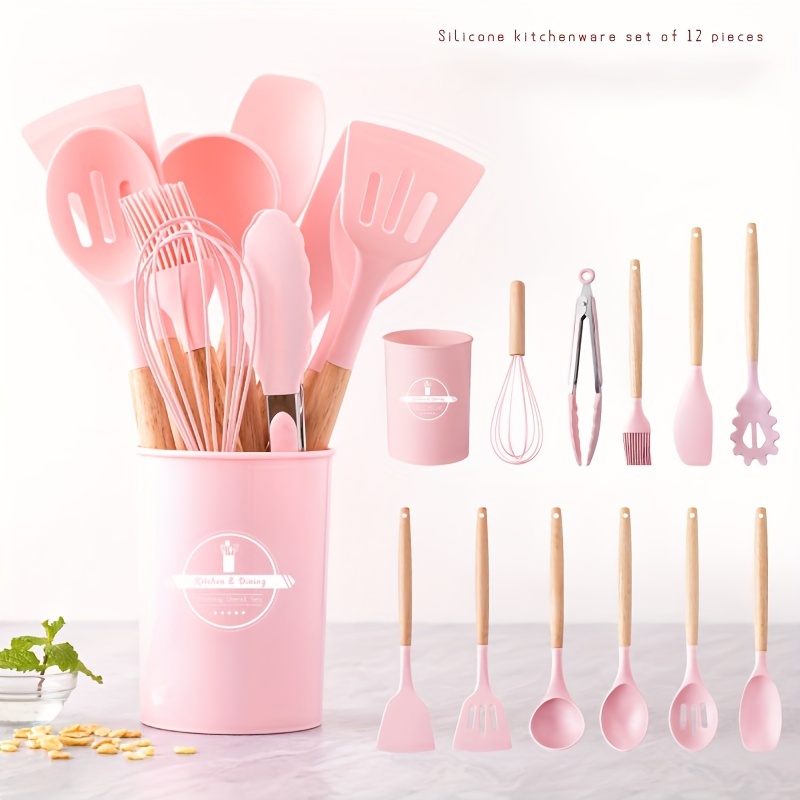 12PCS/ Set Utensilios De Cocina De Silicona Accesorios De Cocina Utensilios  De Cocina Juego De Herramientas Herramientas De Cocina Con Mango De Madera