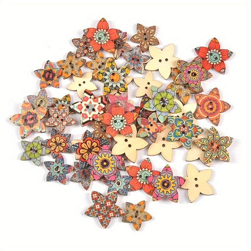 Mixed Dots Flower Star Heart Wooden Buttons 2 Holes Sewing - Temu