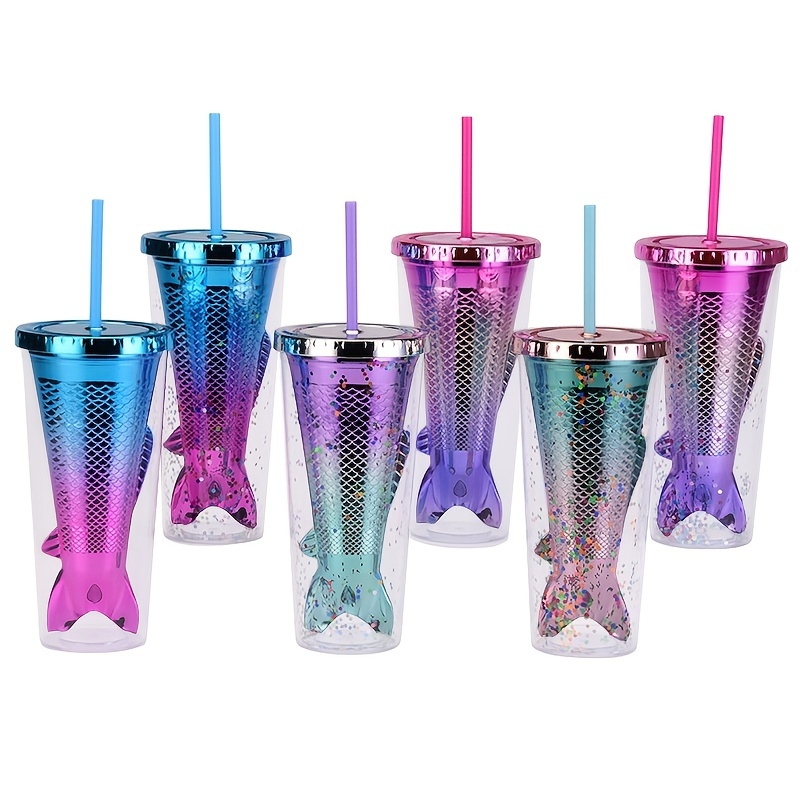 1pc Plastic Double Layer Insulated Large Capacity Gradient Mermaid Scale  Pattern Tumbler With Straw