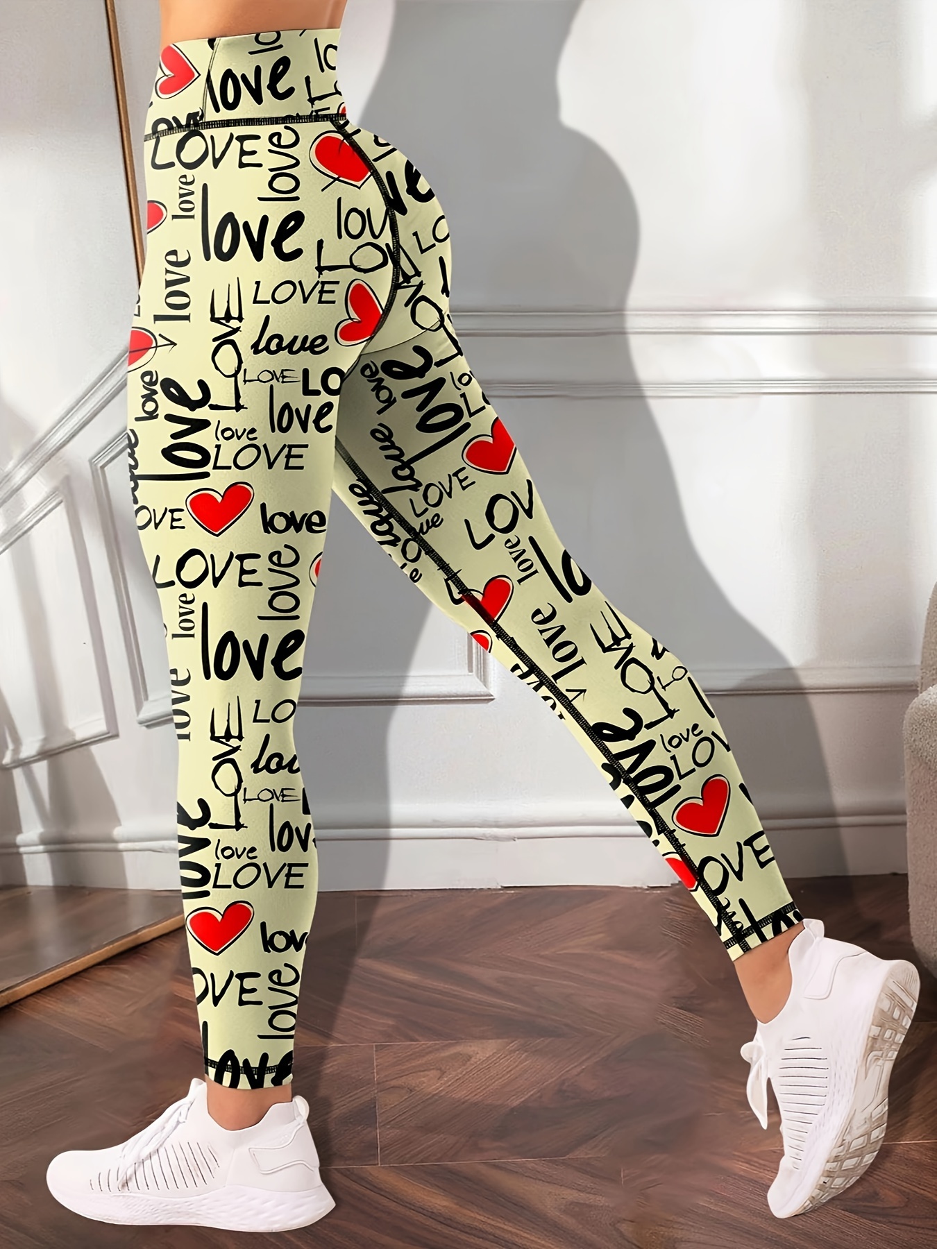 Heart & Lover Letter Print Slimming Yoga Leggings, High Waist Butt Lifting  Tummy Control Workout Pants, Valentine's Day Women's Activewear