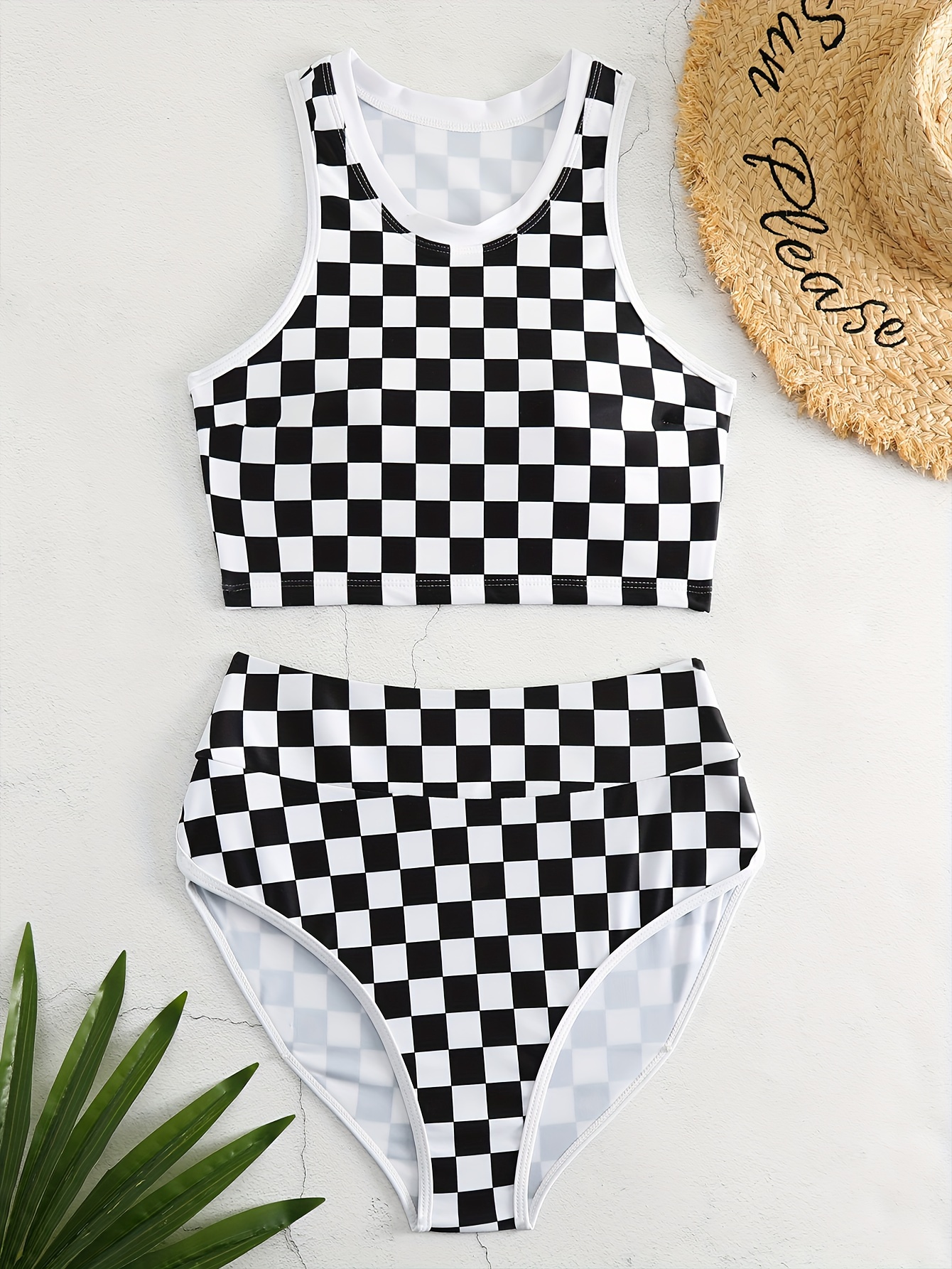 Black White Color Block Checkerboard Plaid Swimsuit Round - Temu