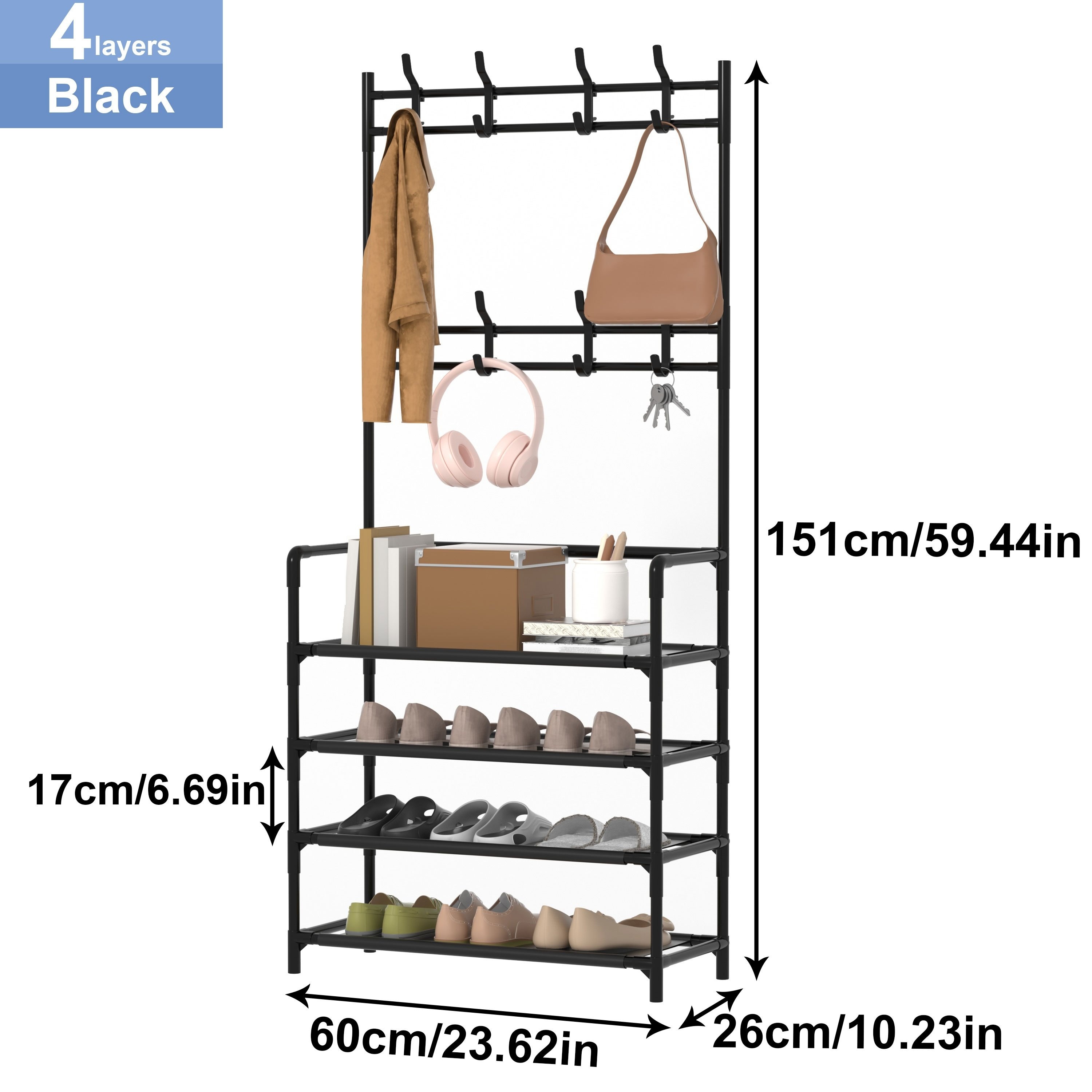 1pc 4-tier Simple Shoe Rack, Black Metal Pipe Integrated Multi-functional  Clothes Hanger, Storage Shoe Cabinet, Hat Rack, Suitable For Dormitory,  Home