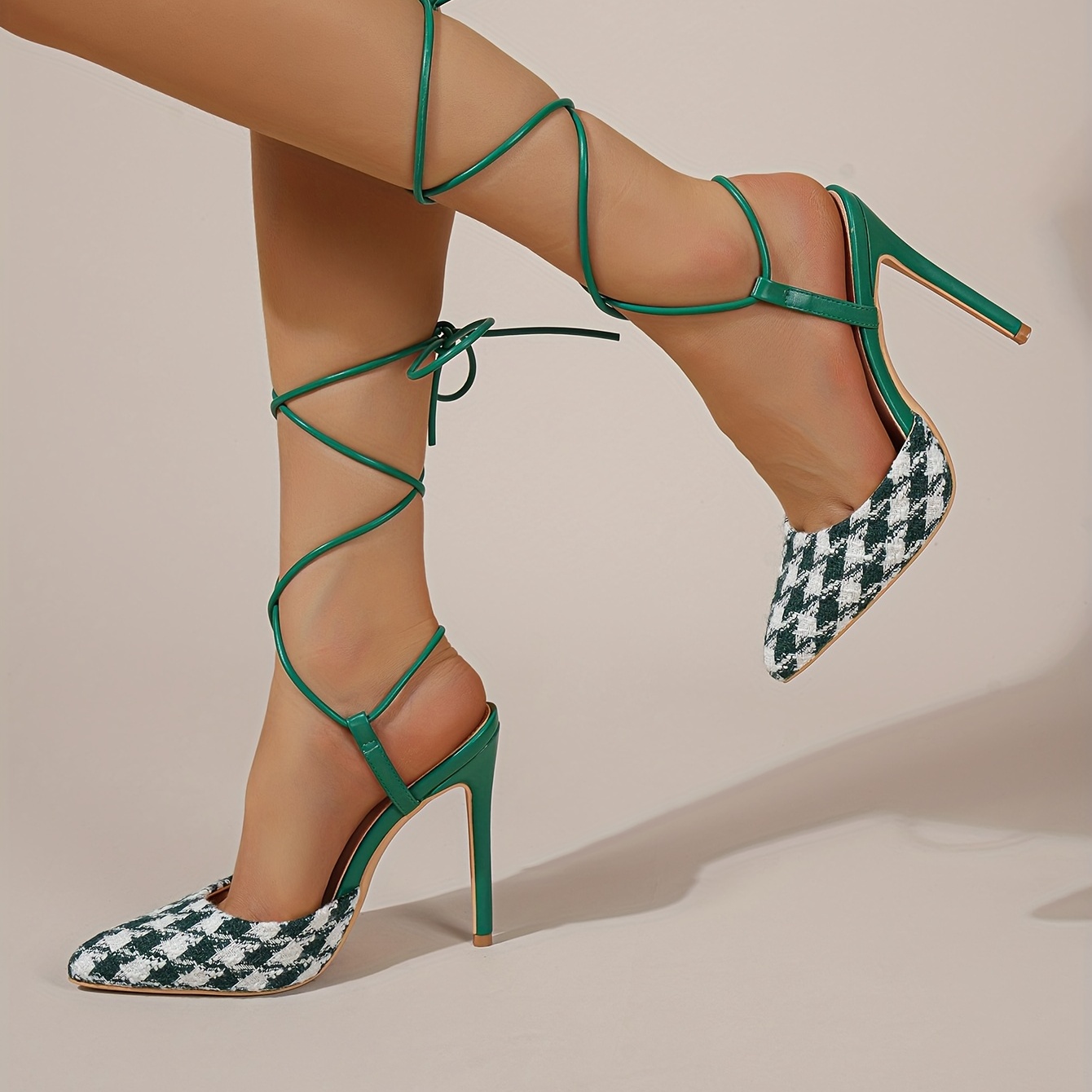 Women's Houndstooth Pattern Heels Lace Up Pumps Stiletto Shoes