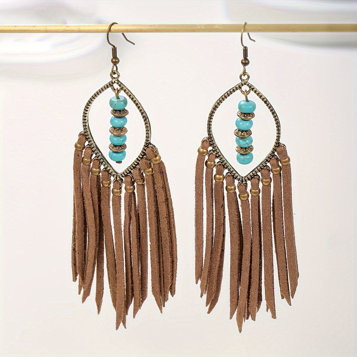 

Boho Brown Tassel Turquoise Dangle Earrings Stylish Alloy Ear Jewelry Stylish Drop Earrings For Women