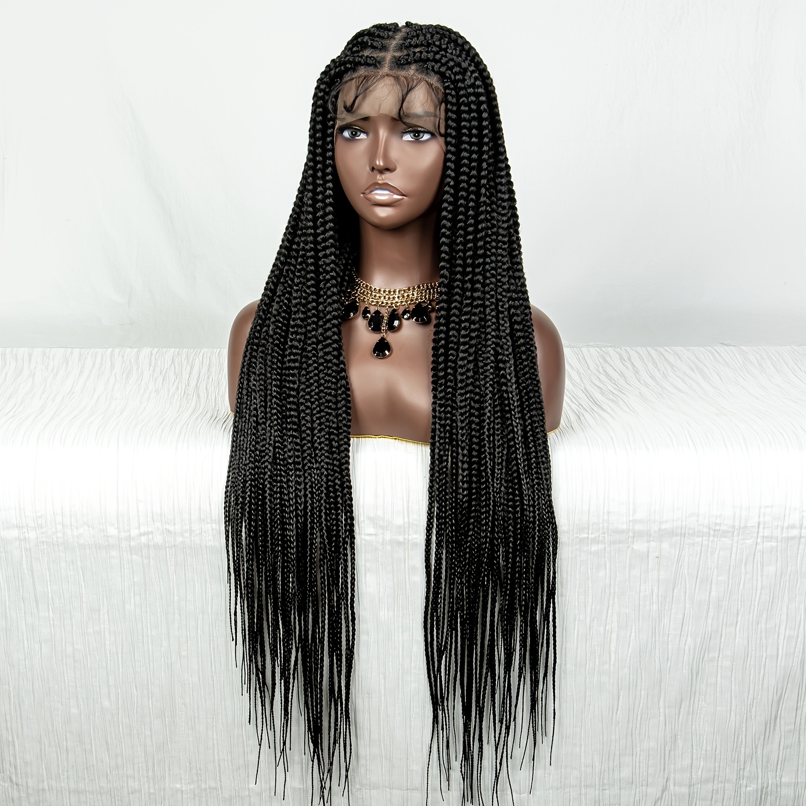 Box Braided Wigs Knotless Cornrow Braids Synthetic Black Hand Braided Wigs  With Baby Hair For Women