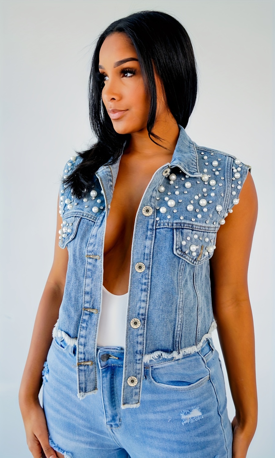 women's stylish sleeveless denim vest pearl diamond details