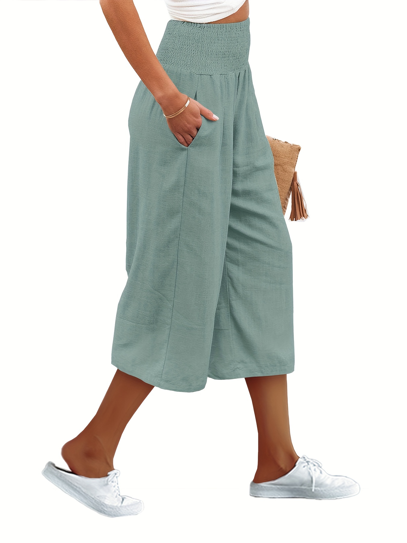 Capri Pants for Women Trendy Summer 2024 Cotton Linen Cropped Pants Loose  Fit Trouser Elastic Drawstring Waist Palazzo Pant : : Clothing