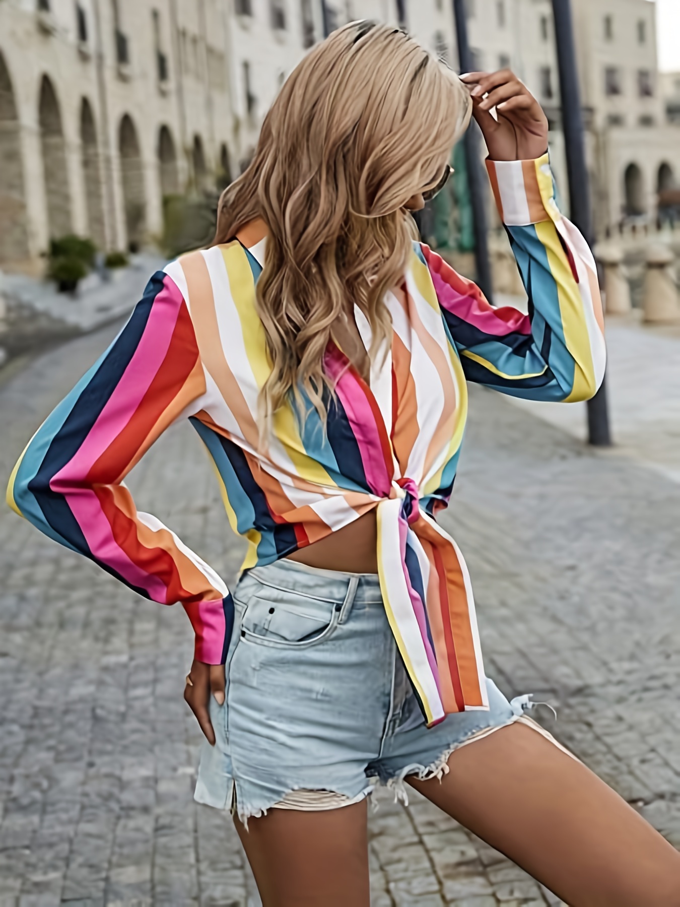 Colorful Striped Print Blouse Casual Long Sleeve Collar - Temu