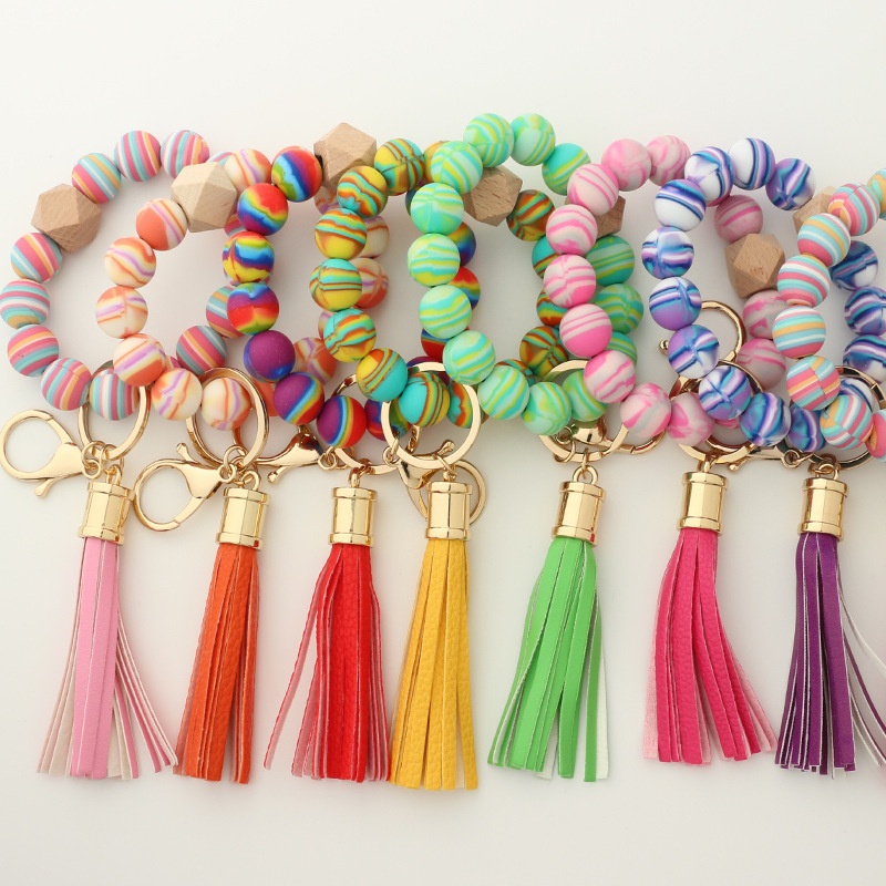 Silicone Beads Wristlet Key Rings Bracelet Keychain Tassels