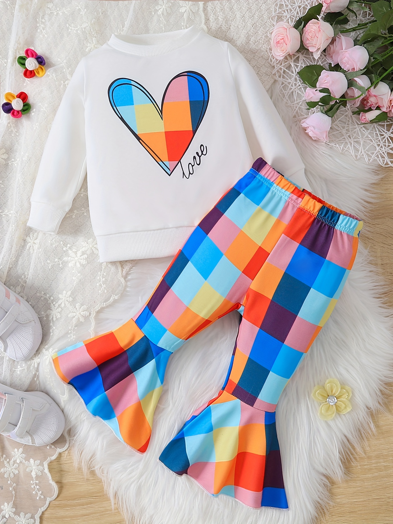 Cute Heart Print Matching Two piece Set Casual Long Sleeve T - Temu