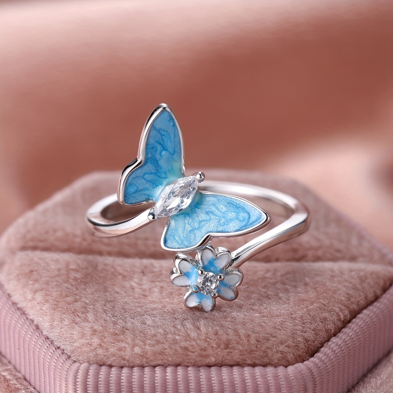 Sterling Silver Butterfly and Flower Adjustable Ring