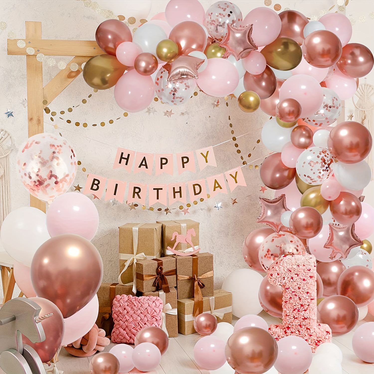 Rose Gold and Pink Birthday Party Decorations Set with Happy