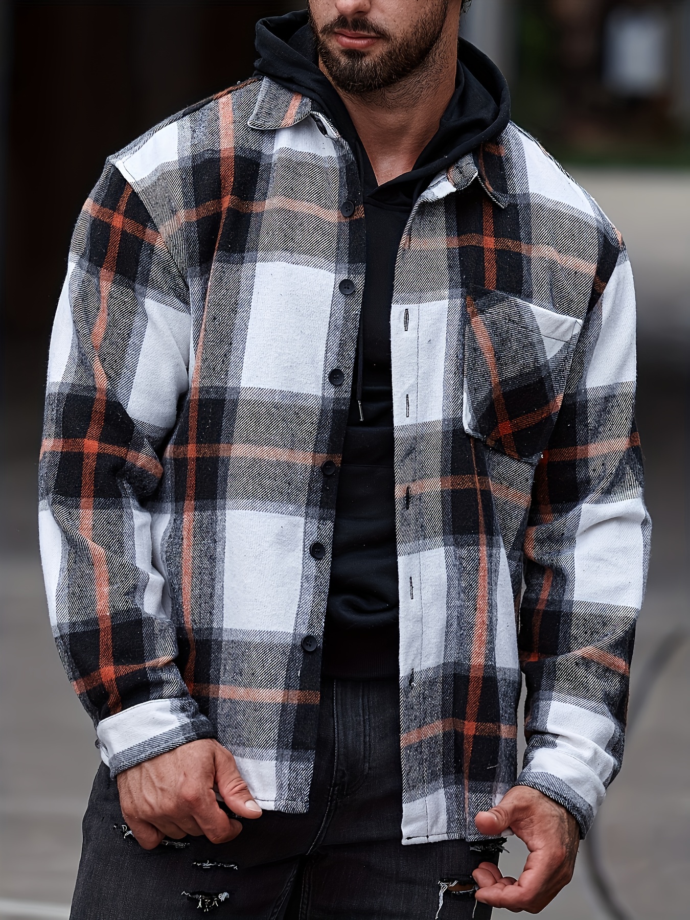 Fashion Plaid Print Men's Long Sleeve Button Down Shirt Jacket, Men's  All-match Outwear For Spring Fall Winter