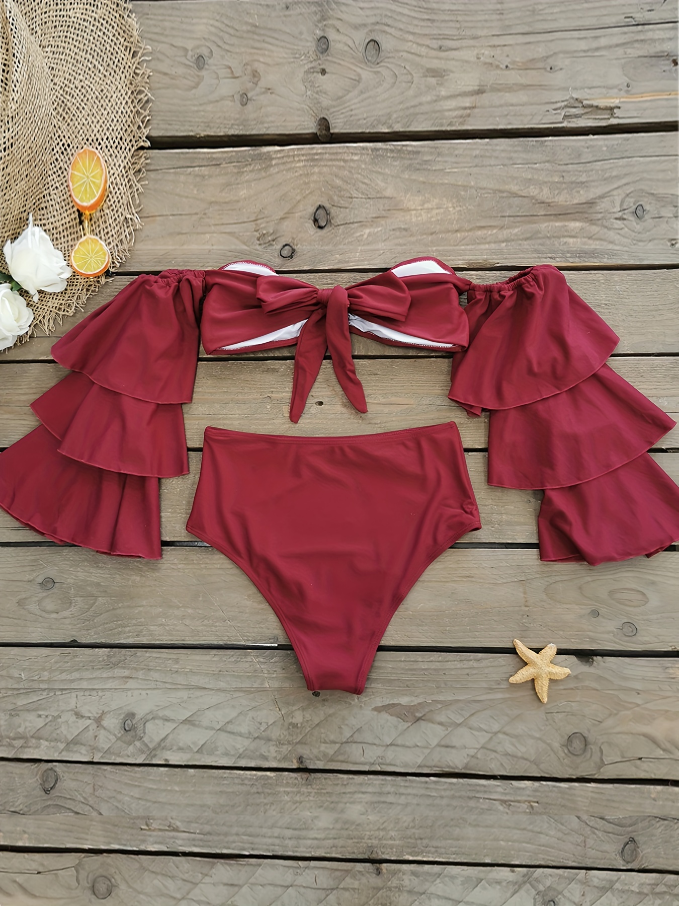 Tiered Layer Ruffle Long Sleeve Bikini, V Wire Off Shoulder Burgundy ...