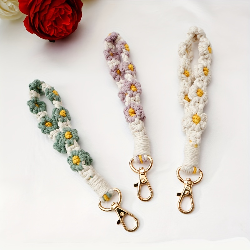 

Boho Daisy Crochet Flower Bracelet Keychain Cute Weaving Purse Bag Backpack Car Key Charm Earbud Case Accessory Phone Lanyard Women Gift