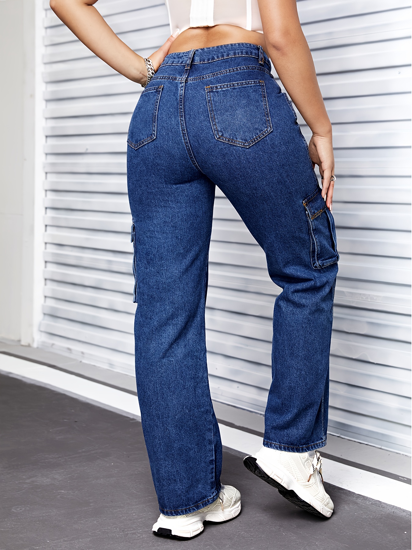 Pantalones De Mujer Tiro Rectos Pantalones Casuales de Jeans de Trabajo con  múltiples Bolsillos de Color sólido para Mujer Pantalón Ancho Mujer