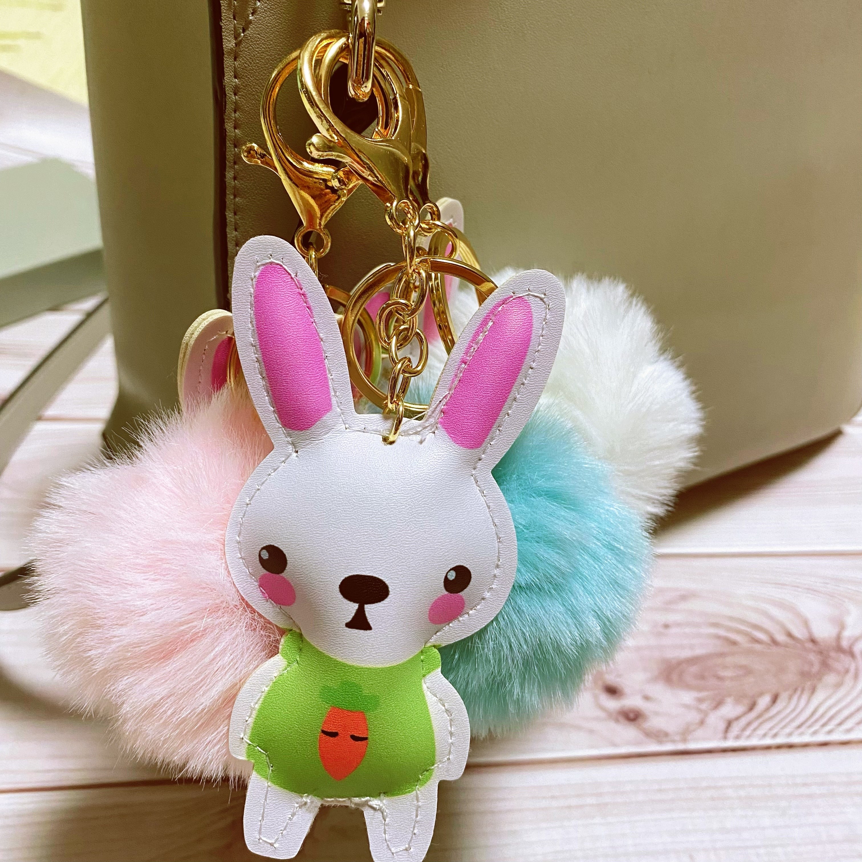 Creative Checkered Leather Bear Rabbit Keychain With Fur Ball