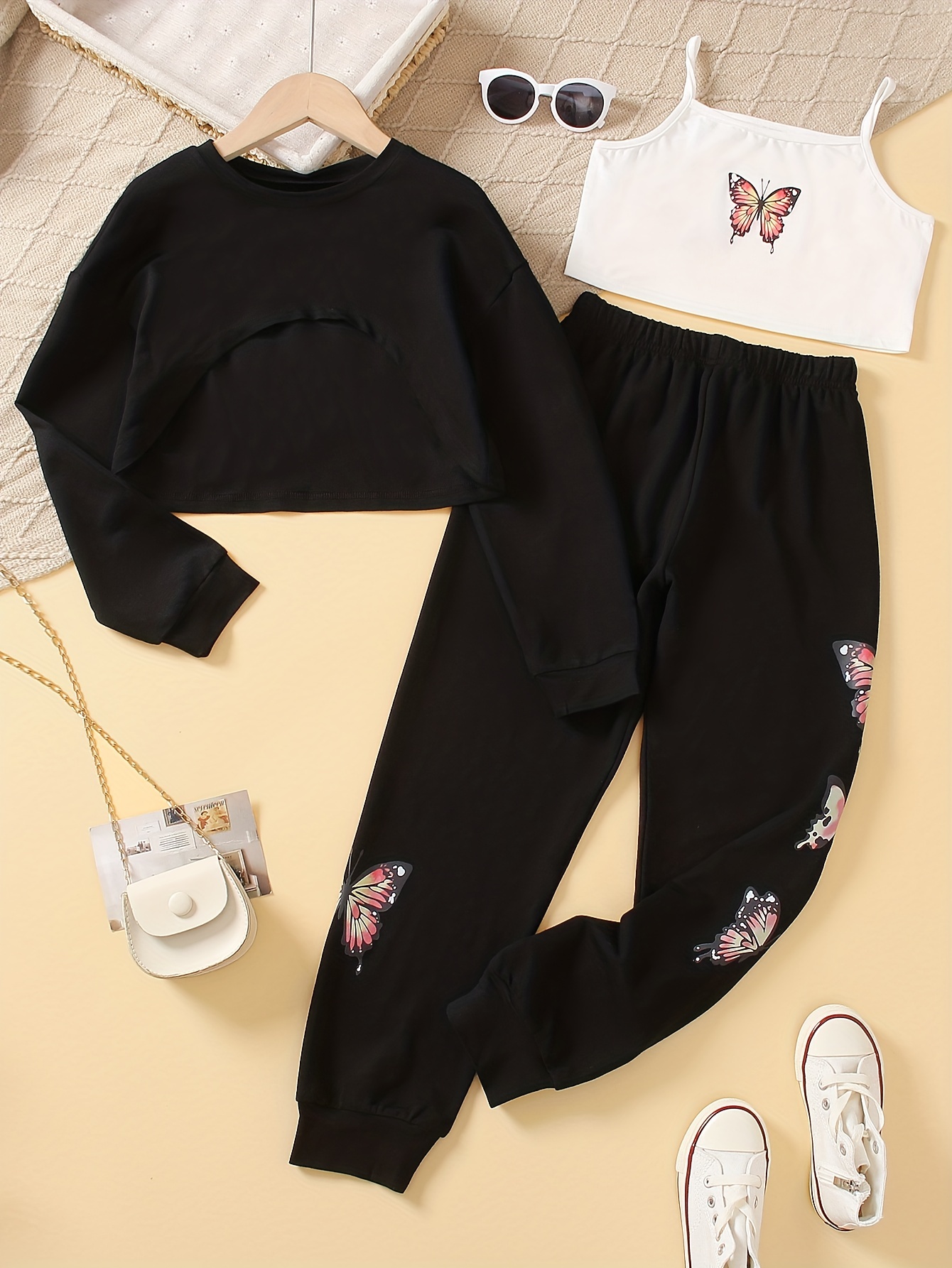 Casual Outfits Girls Butterfly Graphic Zip Hoodies + Jogger - Temu