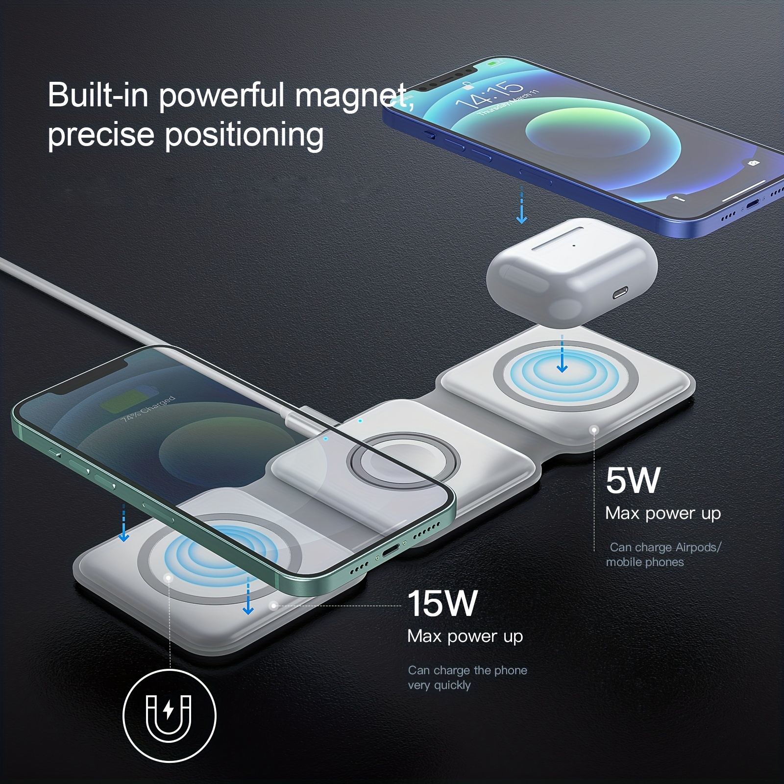 3 in 1 wireless charger for iphone magnetic foldable 3 in 1 charging station travel charger for multple devices for iphone 14 series 3 2 pro iwatch adapter included details 4