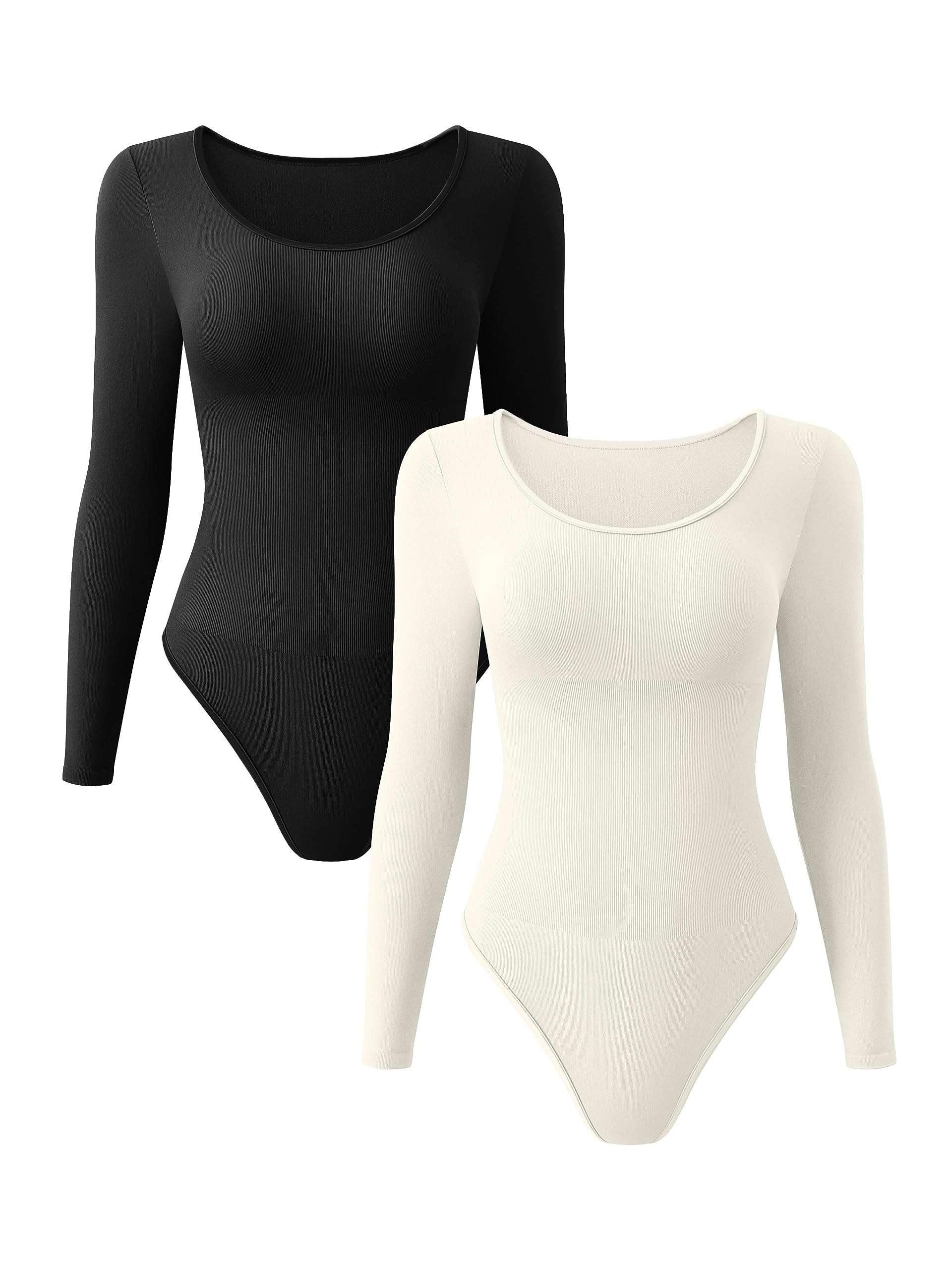 Solid Crew Neck Bodysuit 2 Pack, Casual Long Sleeve Skinny Bodysuit,  Women's Clothing